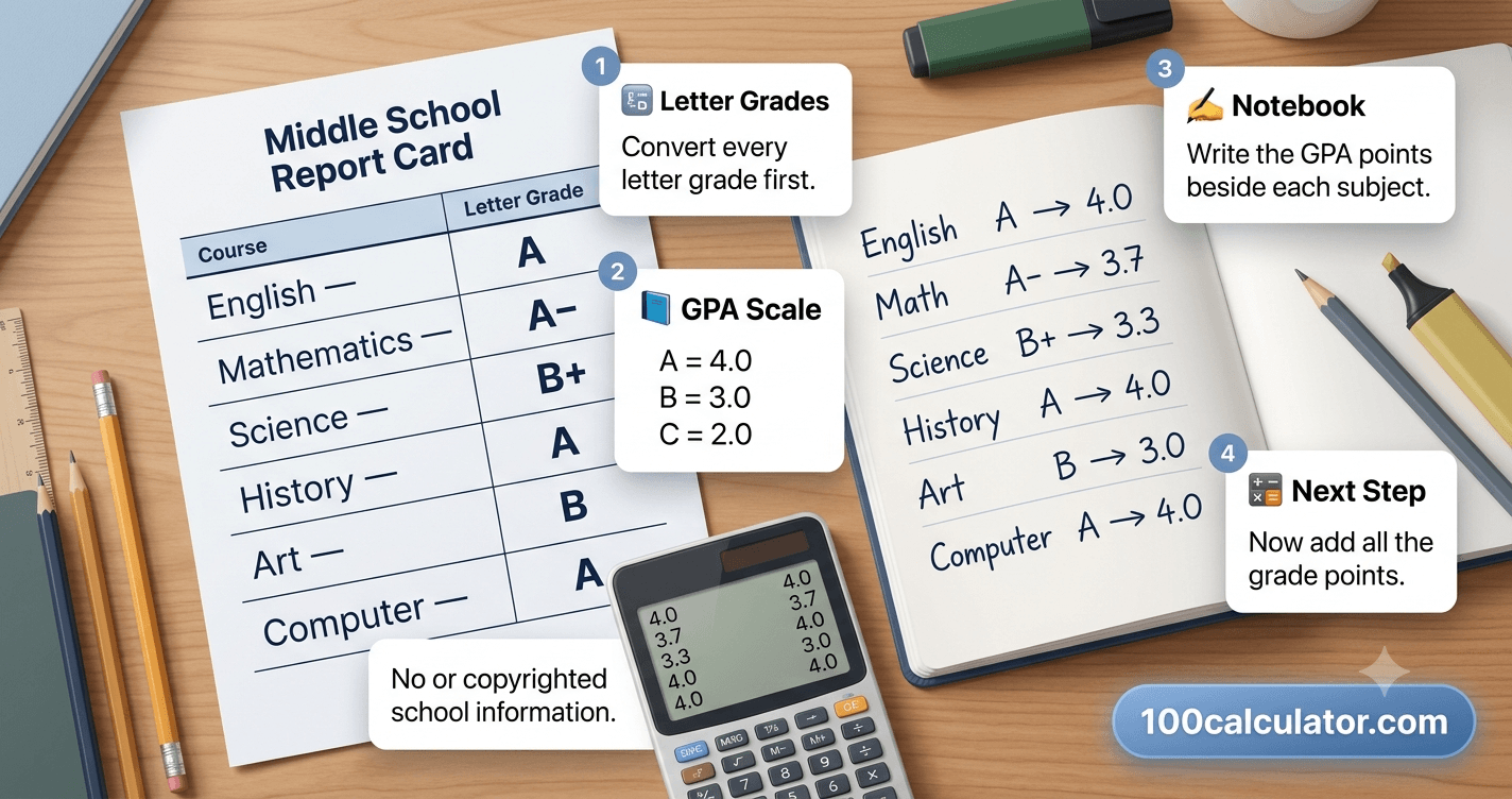Report card letter grades being converted into GPA point values in a handwritten notebook