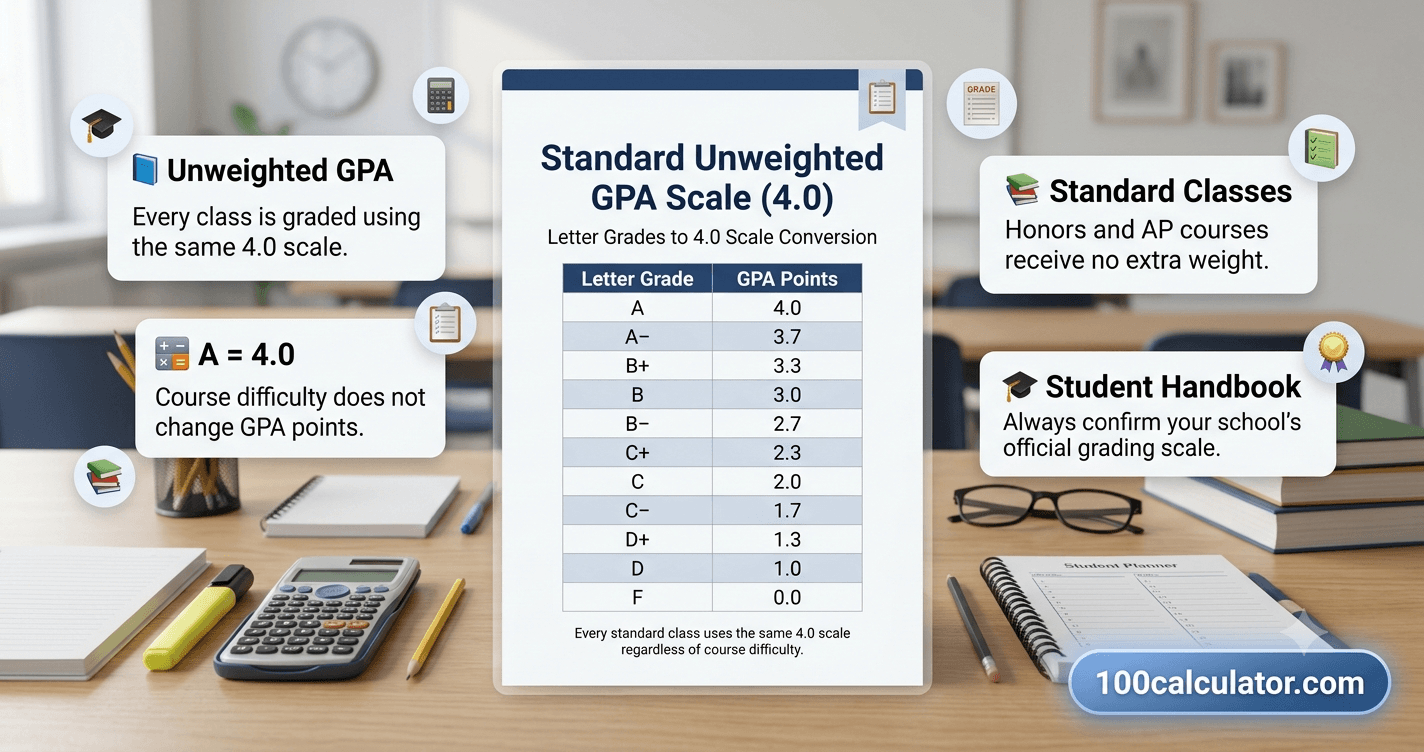 Reference chart showing the standard unweighted 4.0 GPA scale with letter grades A through F