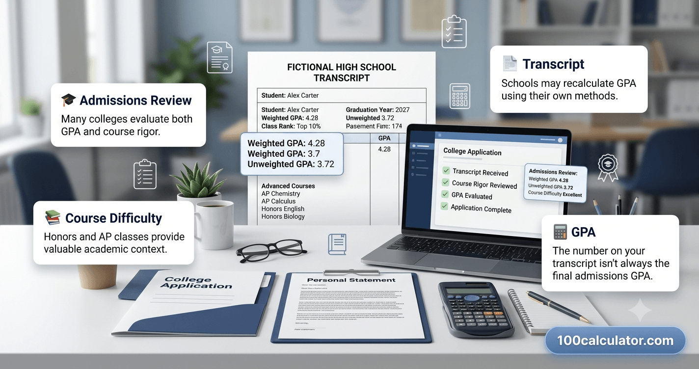 College application materials next to a high school transcript listing weighted and unweighted GPA