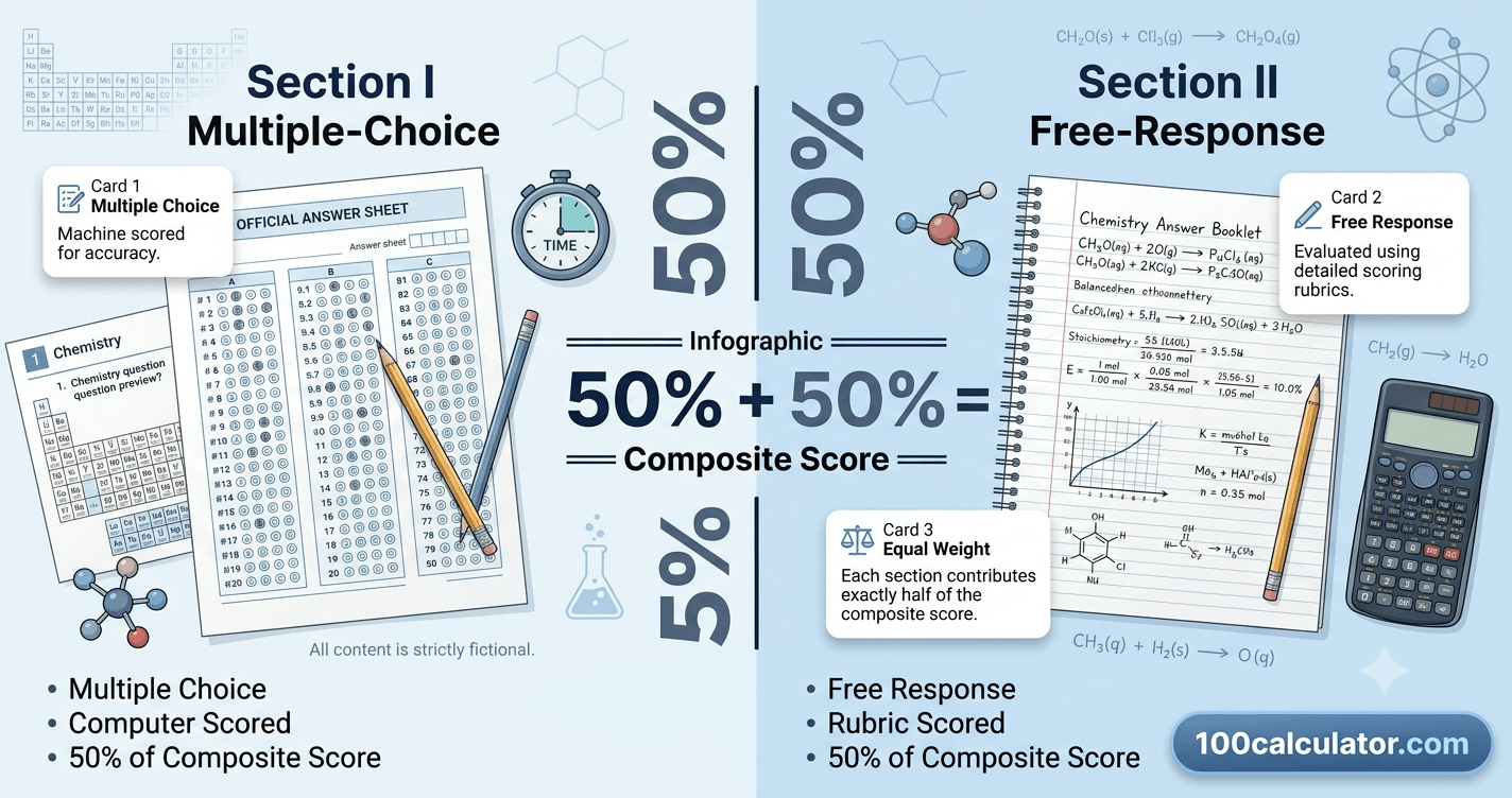 Split illustration comparing the multiple-choice bubble sheet and free-response written answers on the AP Chemistry exam