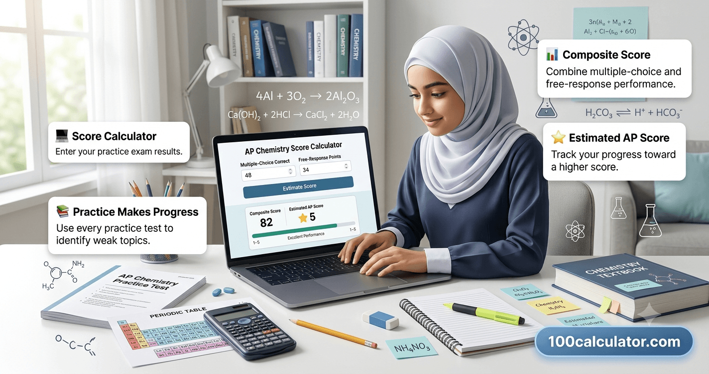 Student entering practice test results into an online AP Chemistry score calculator