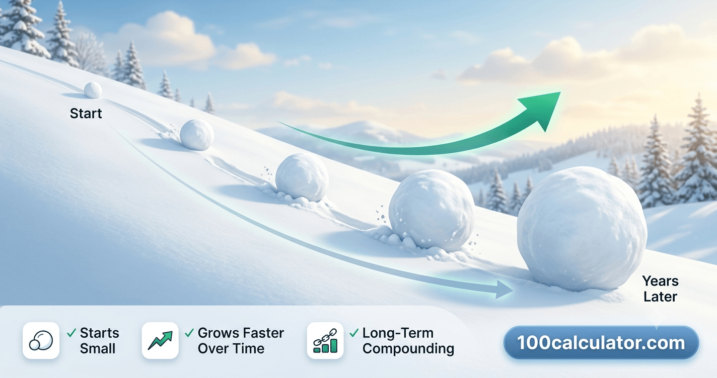 A snowball growing progressively larger as it rolls down a snowy hill, symbolizing how compound interest accelerates the longer money stays invested