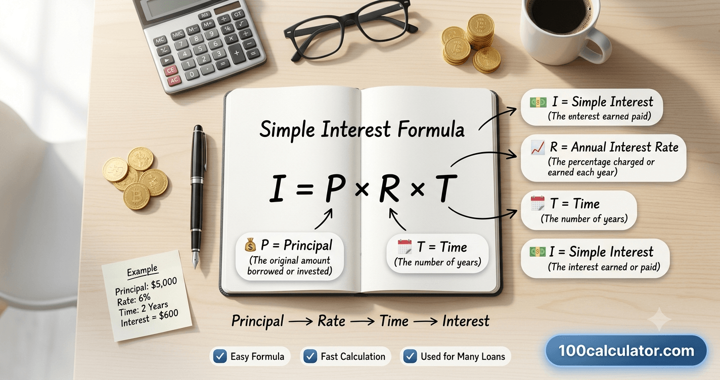 Notebook showing the simple interest formula I equals P times R times T, with each variable labeled