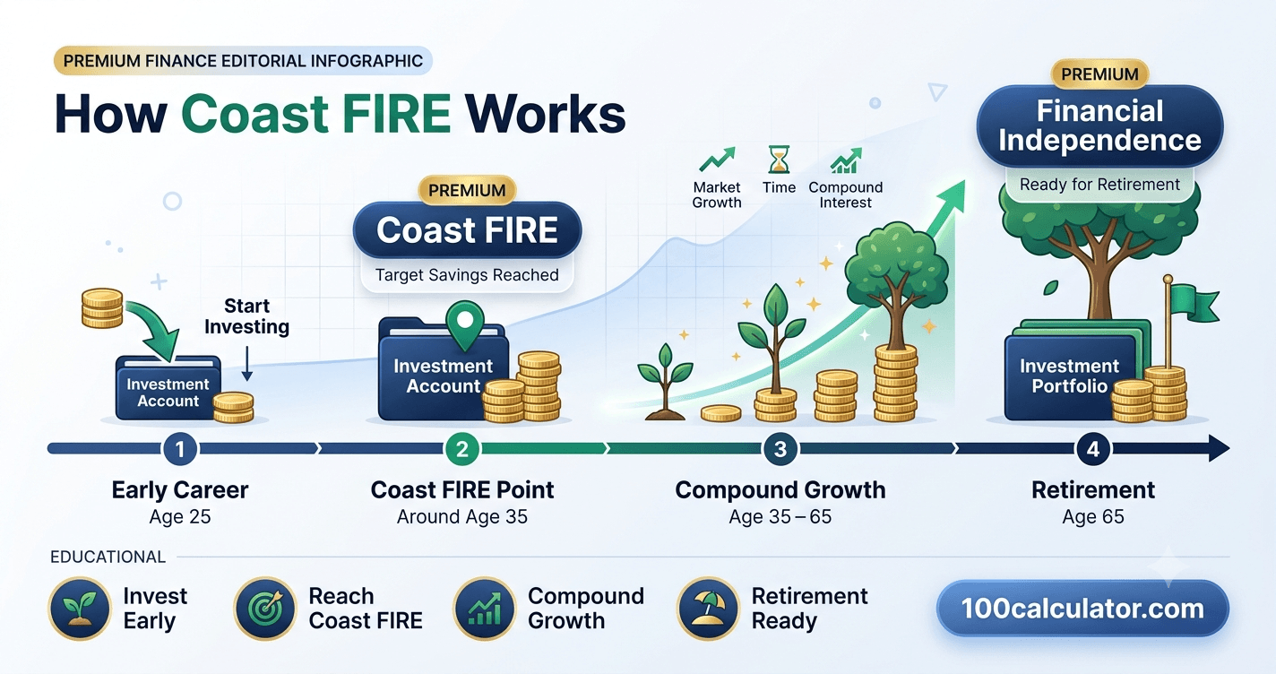 Timeline illustrating how a Coast FIRE number grows through compound interest alone until it reaches a full FIRE number by retirement age