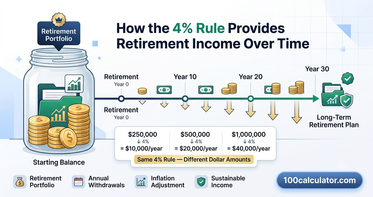Illustration showing a retirement portfolio making one inflation-adjusted withdrawal per year across a 30-year timeline