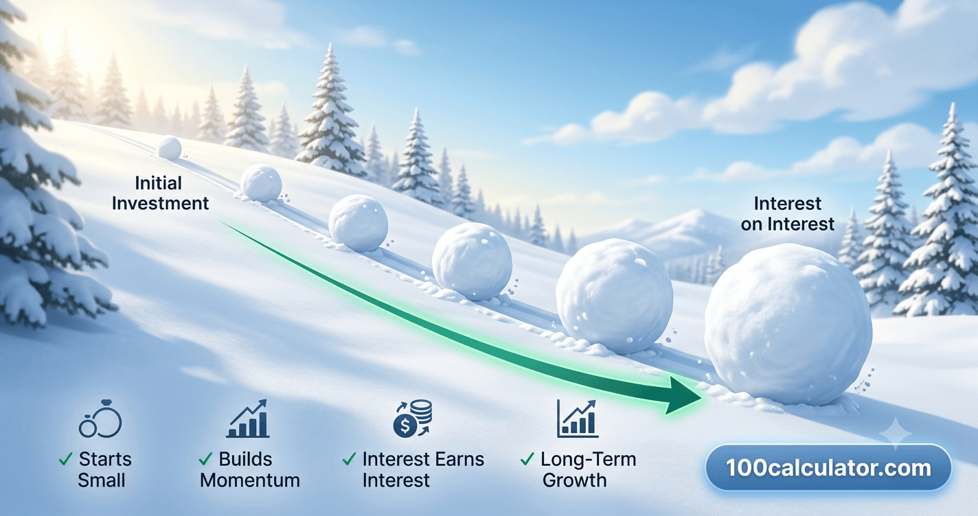 Illustration of a snowball growing larger as it rolls downhill, representing how compound interest builds on itself over time