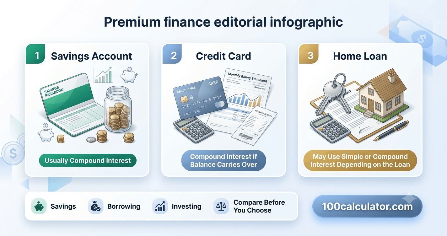 Collage illustration of a savings passbook, credit card, and house key representing where simple and compound interest appear in everyday financial products