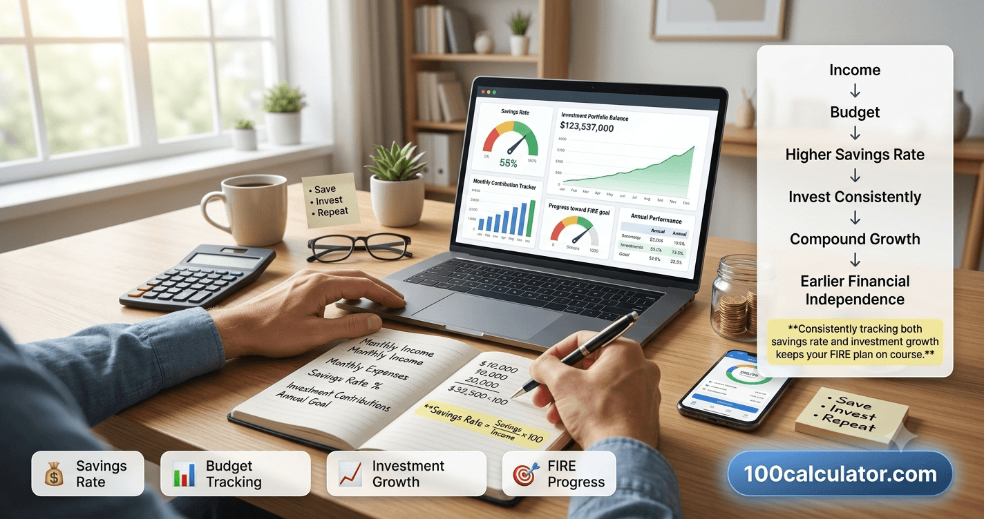 Person writing budget and savings rate numbers in a notebook beside a laptop showing an investment growth chart