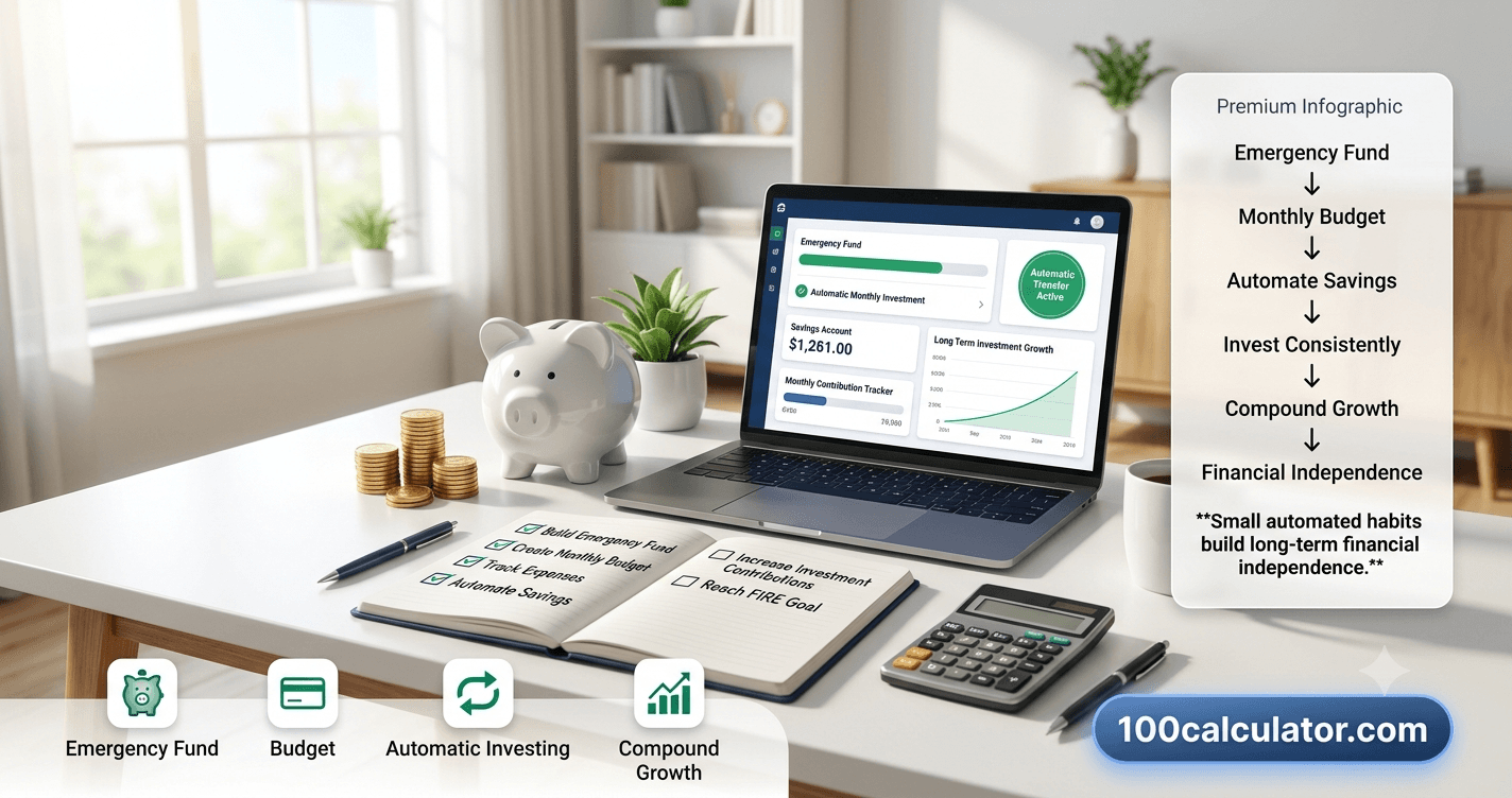 Piggy bank, coins, and a written checklist beside a laptop, representing the first practical steps of starting a FIRE plan
