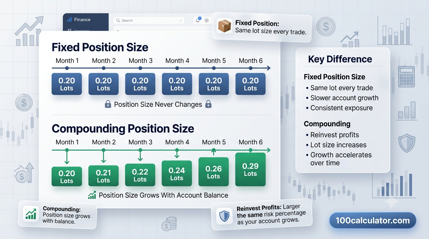 Diagram comparing a fixed position size trading account to a compounding trading account over six monthly steps