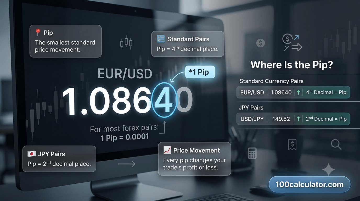 Close-up of a EUR/USD price quote showing the fourth decimal place where a pip is measured