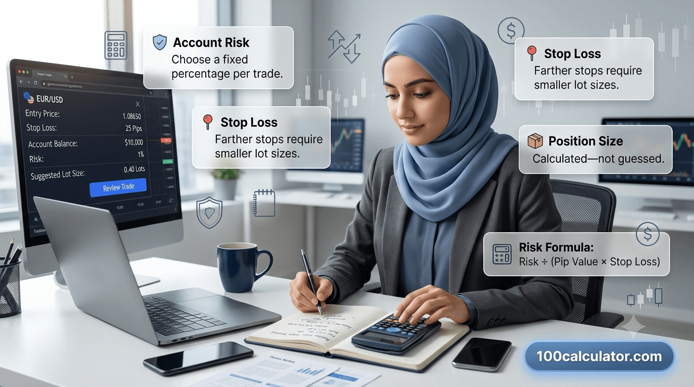 Trader working out position size from account risk and stop-loss distance before placing a forex trade