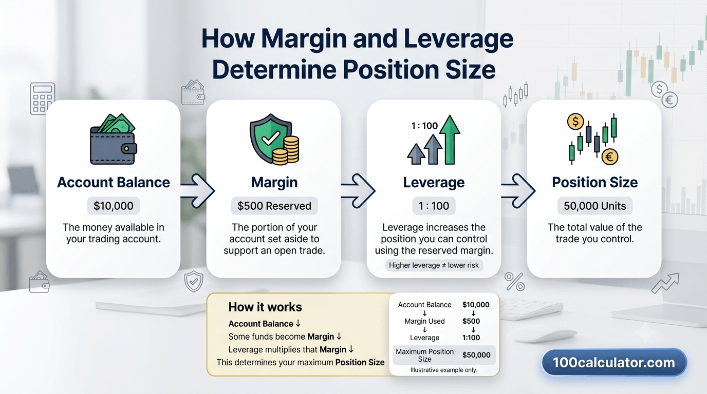 Flow diagram showing how account balance, margin, and leverage together determine forex position size