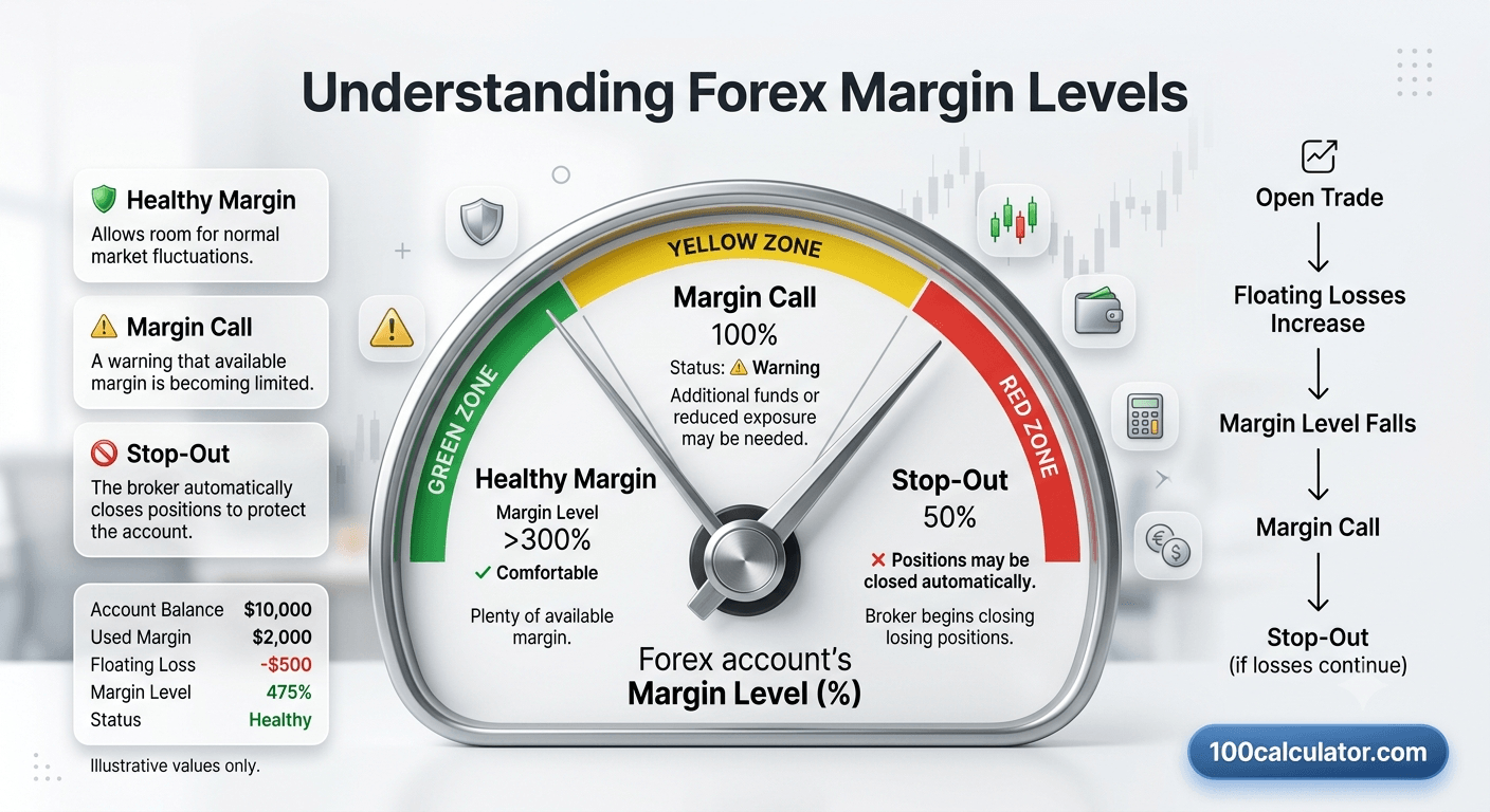 Gauge illustration showing the healthy, margin call, and stop-out zones of a forex account's margin level