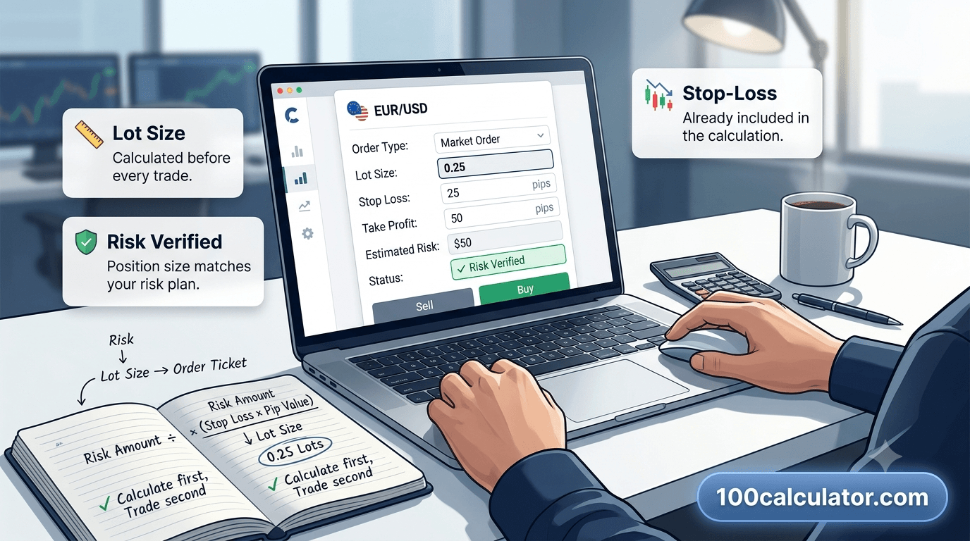 Close-up of a trading platform order ticket with a calculated lot size entered before placing a trade