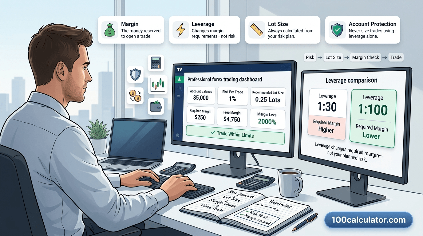 Trader reviewing account balance, margin, and leverage on two monitors before sizing a forex trade