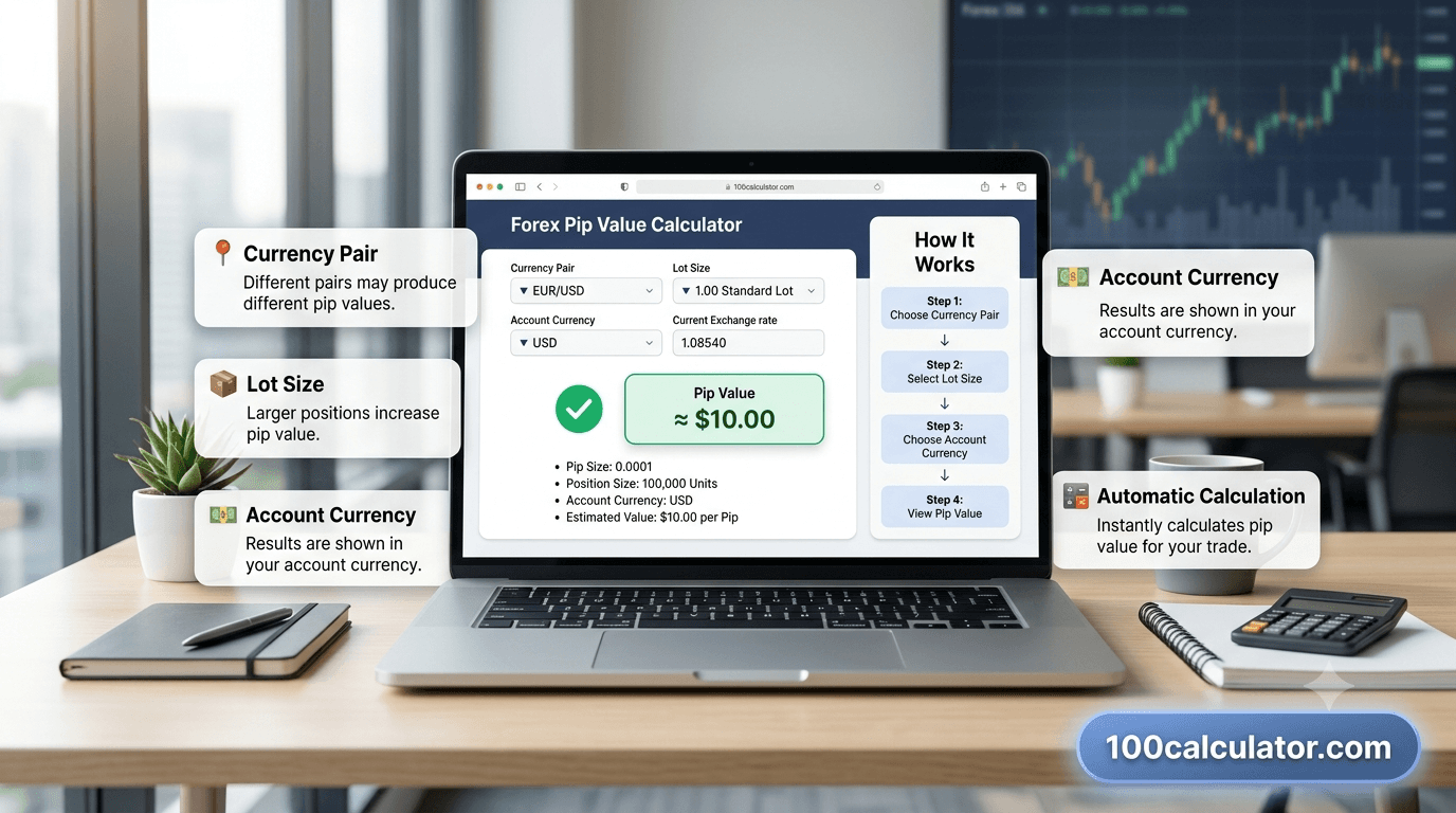 Illustration of a pip value calculator interface showing currency pair, lot size, and account currency input fields with a calculated result