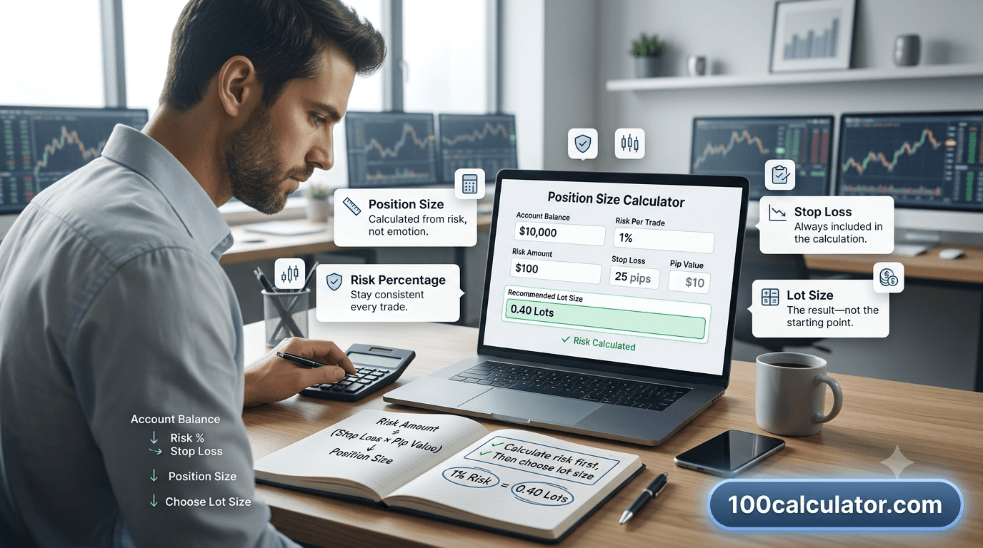 Trader calculating forex position size and risk percentage using a calculator and notebook