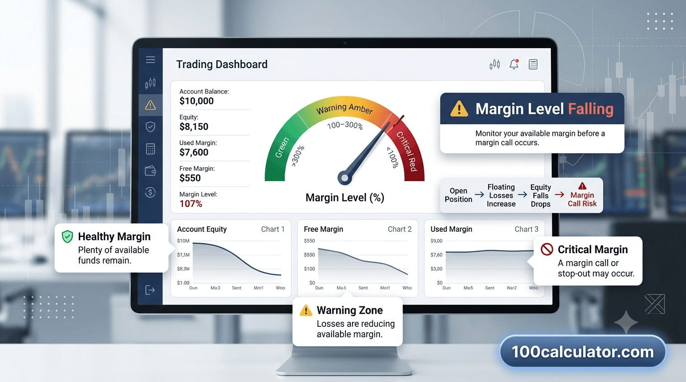 Forex trading platform dashboard with a margin level indicator shifting from green to red as a position loses value