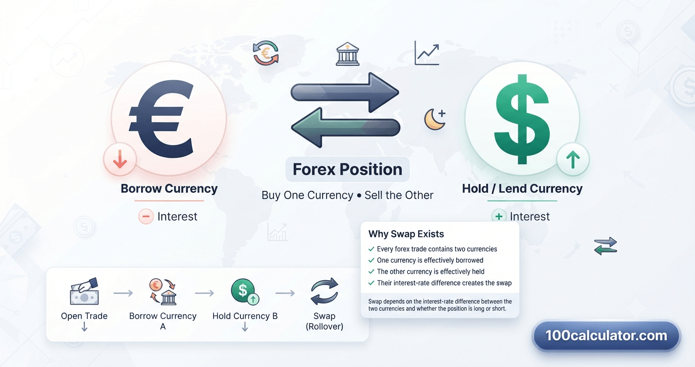 Illustration showing how a forex position involves borrowing one currency while holding another