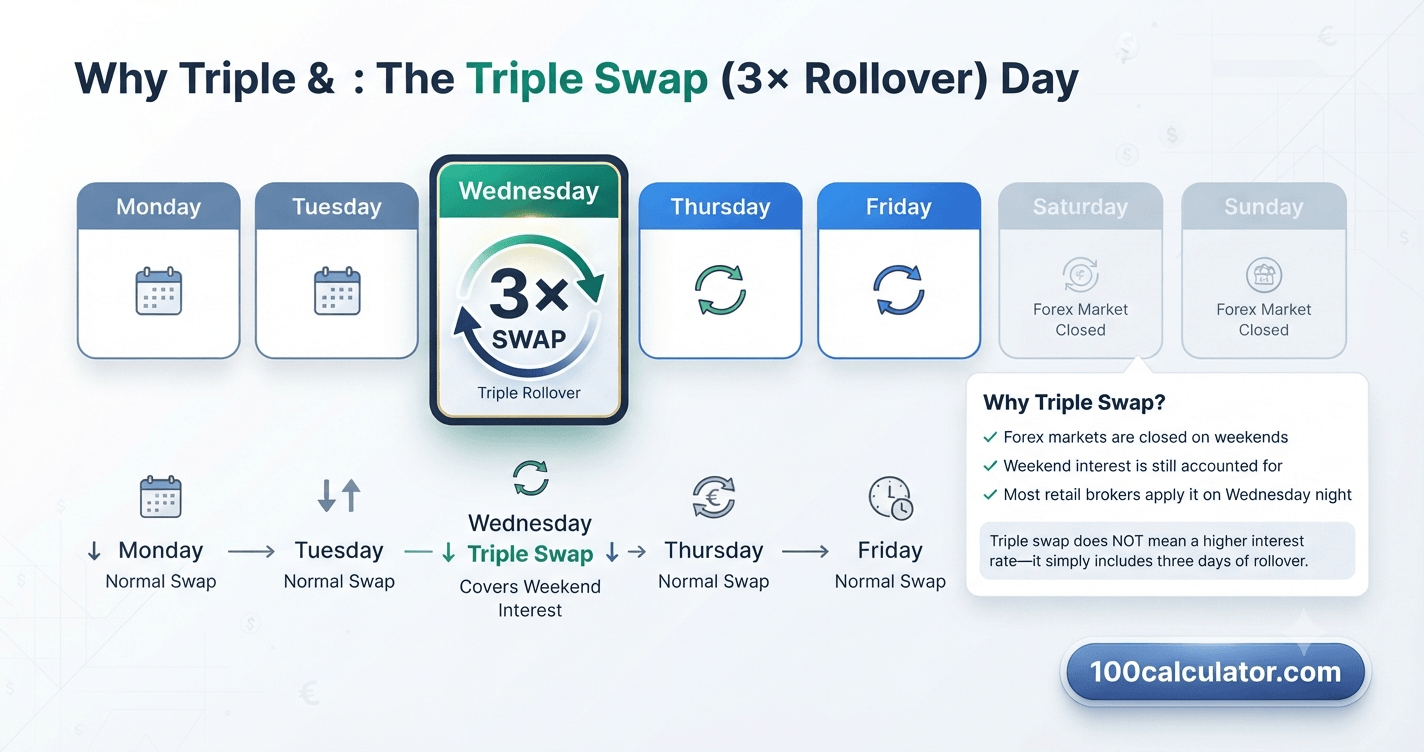 Weekly forex trading calendar highlighting Wednesday as the triple swap rollover day