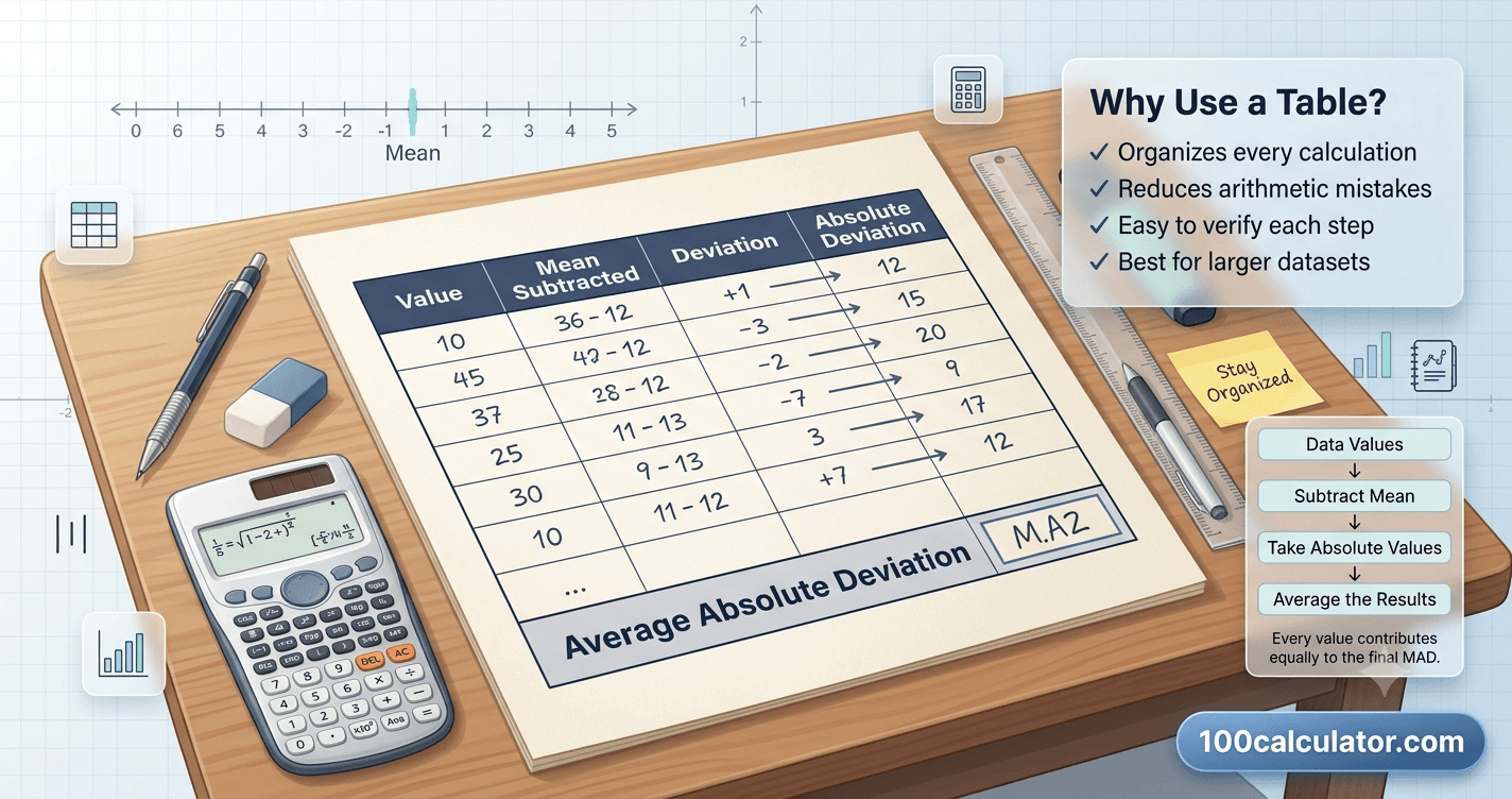 Worksheet table showing value, deviation, and absolute deviation columns used to calculate mean absolute deviation