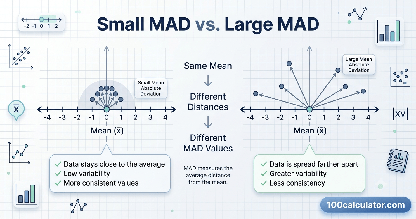 Two data sets compared side by side showing a tightly clustered low-MAD group next to a widely spread high-MAD group