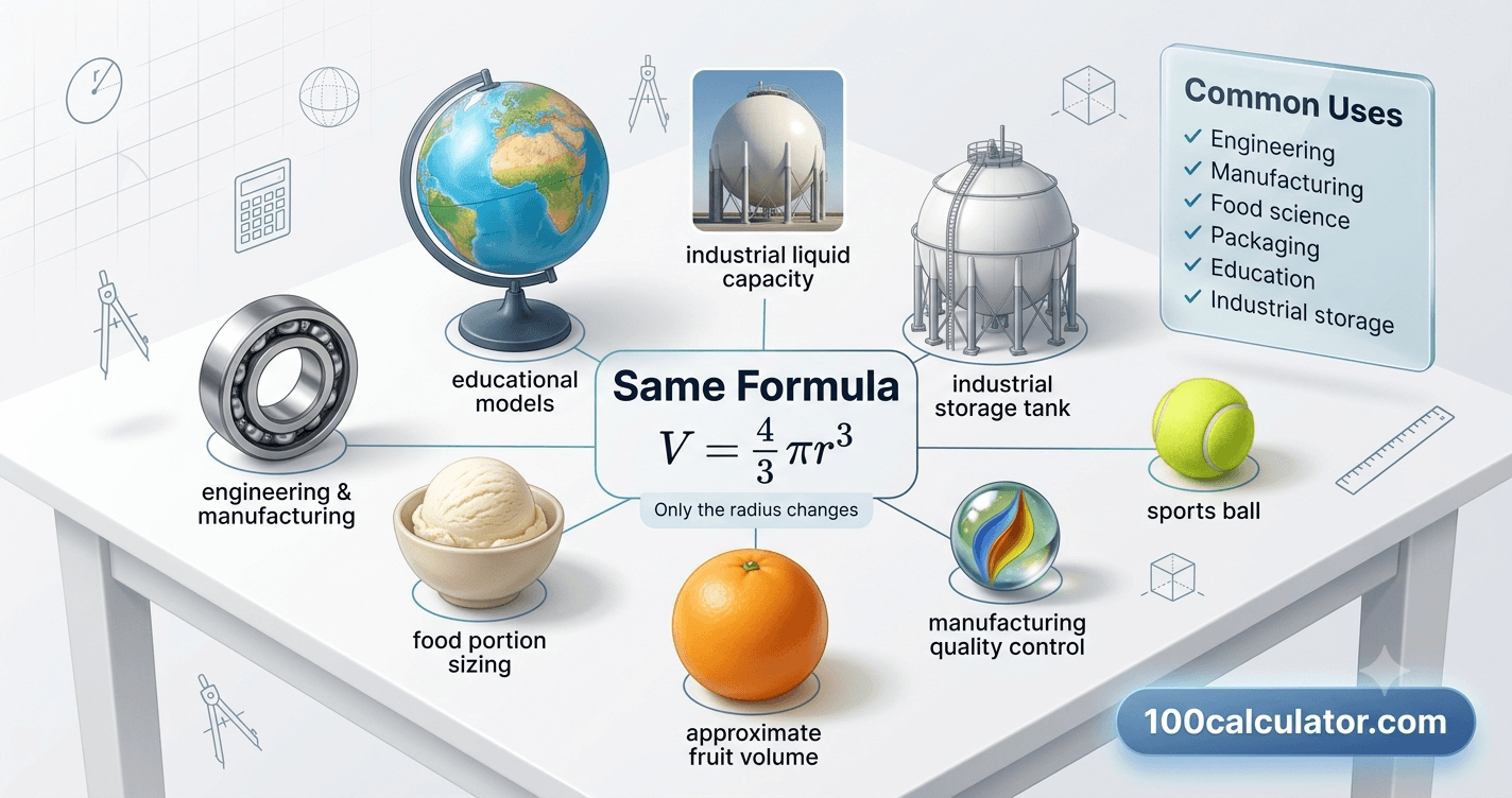 Everyday round objects such as a ball bearing, a globe, and a scoop of ice cream that sphere volume calculations apply to