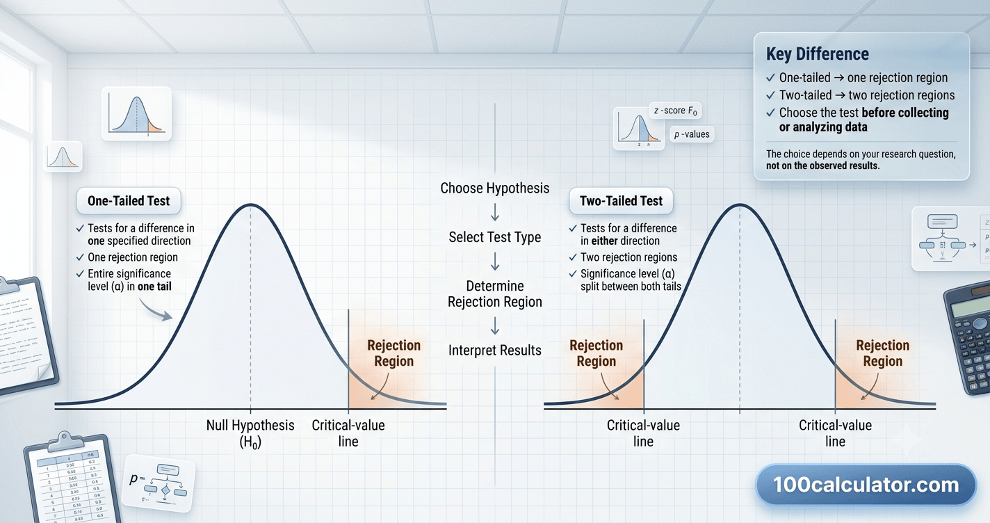Side-by-side comparison of a one-tailed hypothesis test with a single shaded tail and a two-tailed test with both tails shaded