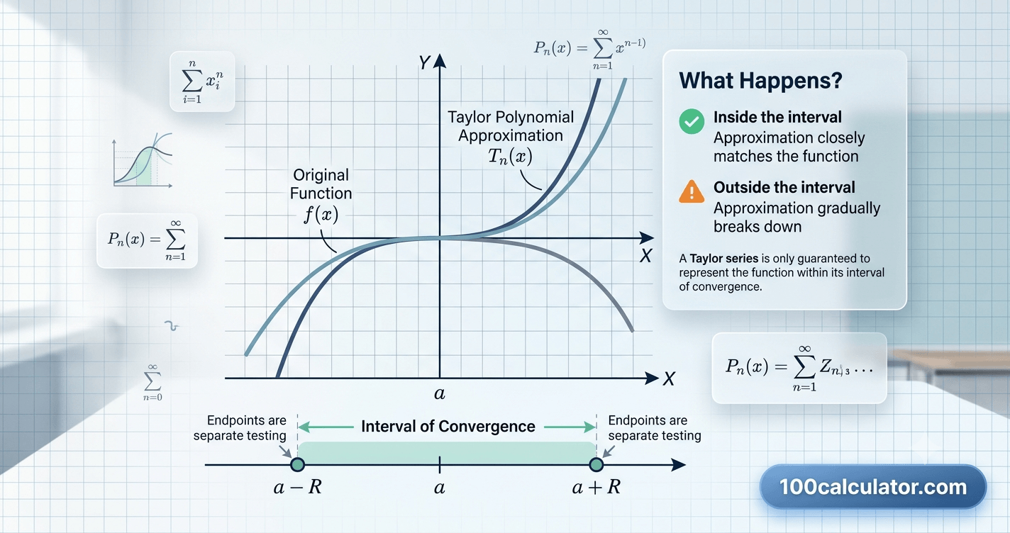 Graph showing a Taylor series approximation matching a function closely inside the interval of convergence and diverging from it outside that interval