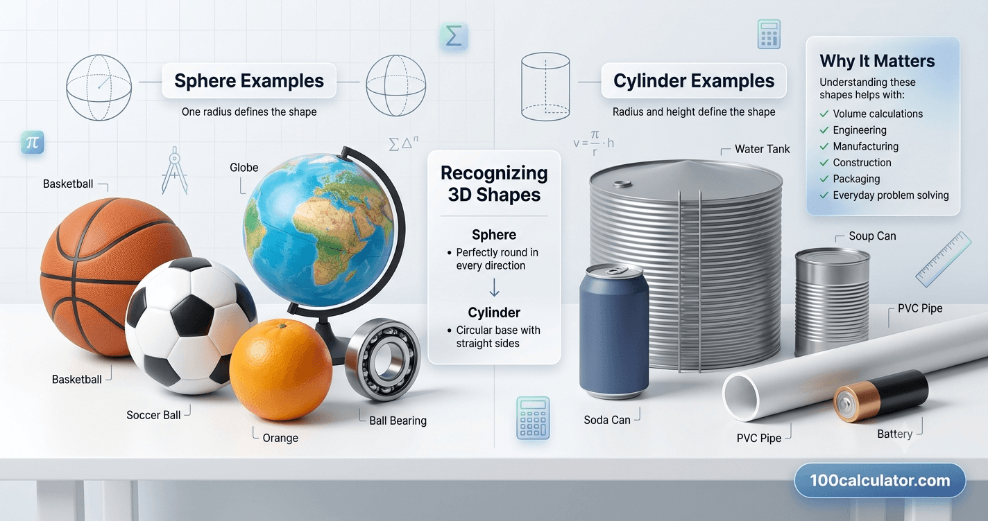 A basketball and a cylindrical water tank shown side by side as real-world examples of sphere and cylinder shapes