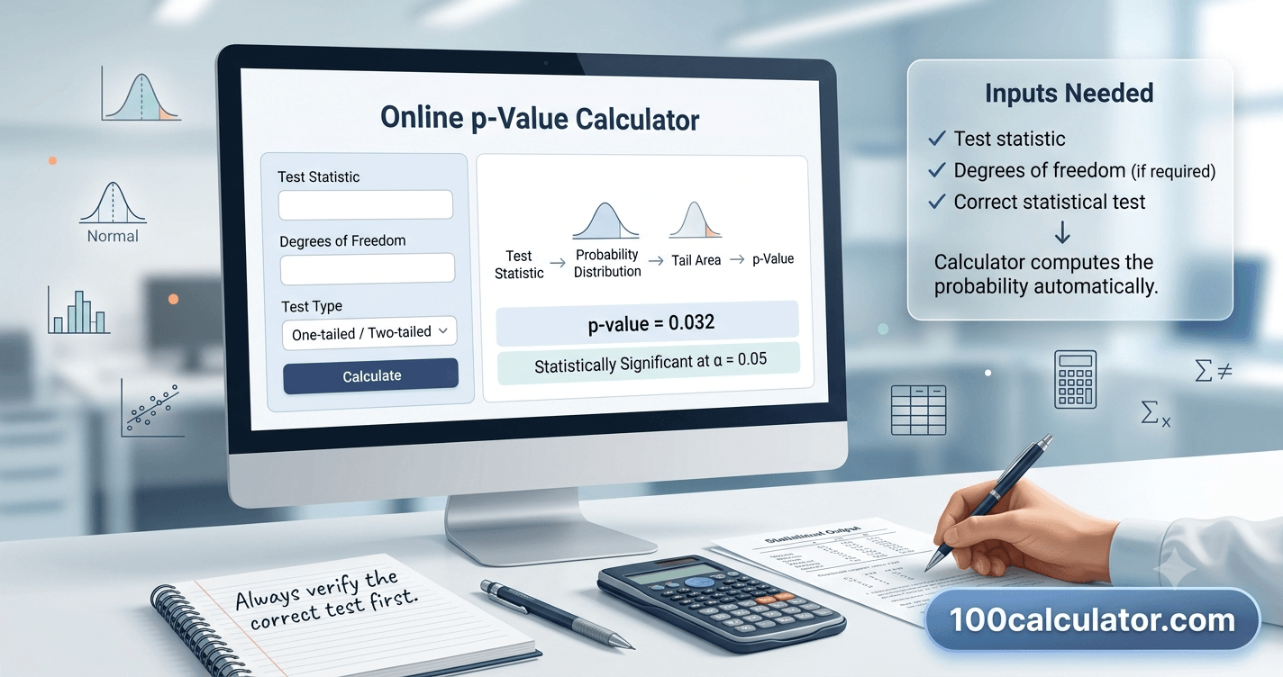 Computer screen displaying a test statistic being converted into a p value using an online calculator tool
