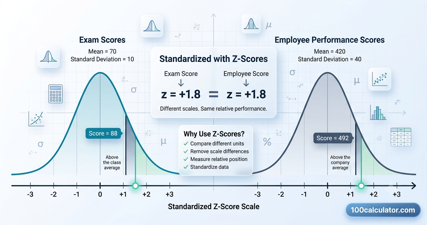 Diagram comparing two different data distributions and how z scores put values from each on the same standardized scale