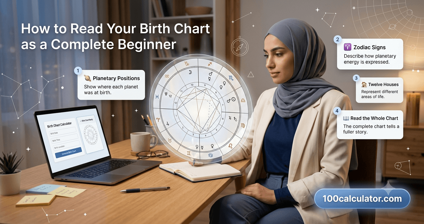 Illustration of a birth chart wheel with zodiac signs and planet symbols - 100 Calculator