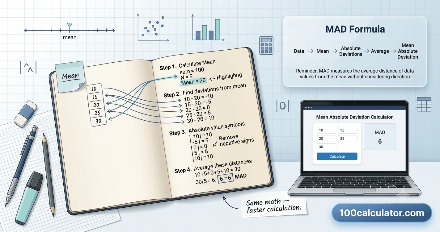 How to Calculate Mean Absolute Deviation Step by Step - 100 Calculator