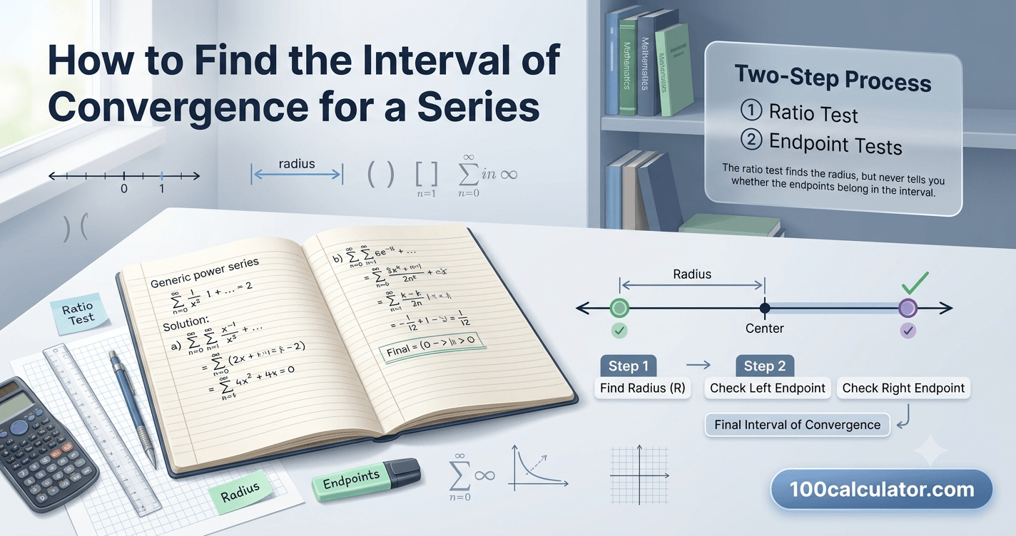 Number line diagram showing the interval of convergence for a power series - 100 Calculator