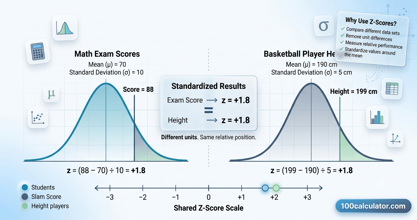 Two different data set distributions compared side by side using z-scores on a shared standardized scale