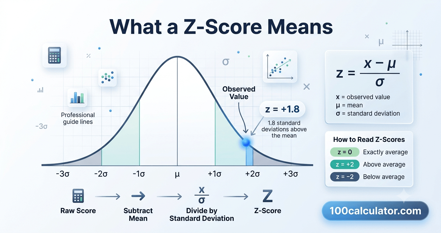 Bell curve diagram illustrating how a z score measures a value's distance from the mean