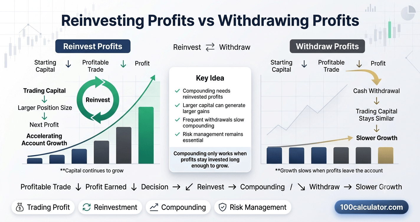 Diagram showing trading profit looping back into a trading account balance instead of being withdrawn