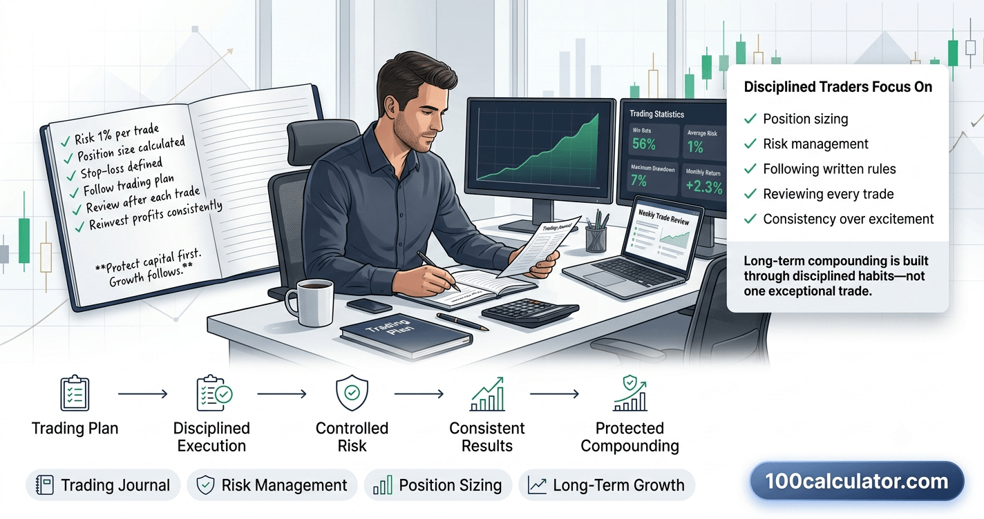 Trader reviewing a trading journal and written risk management rules at a desk