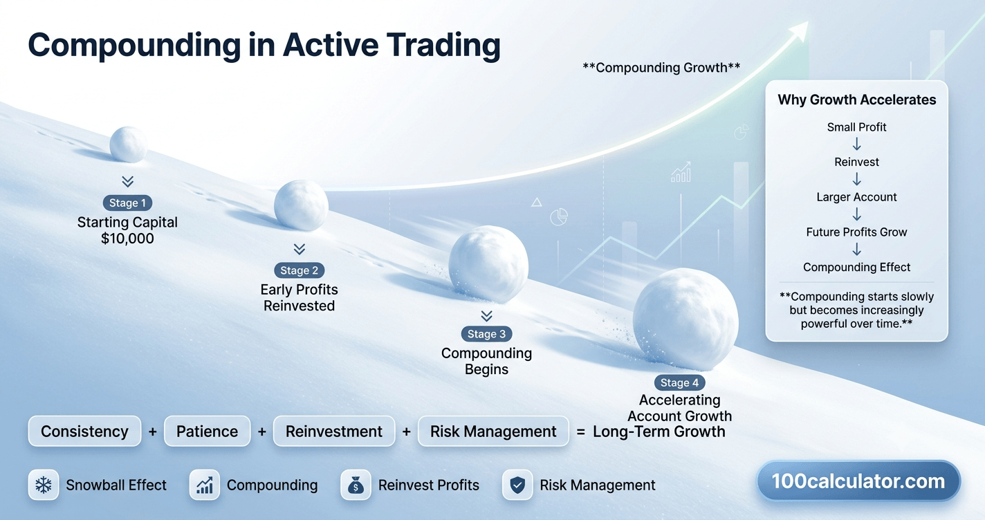 Snowball growing larger as it rolls downhill, illustrating how reinvested trading profits compound over time