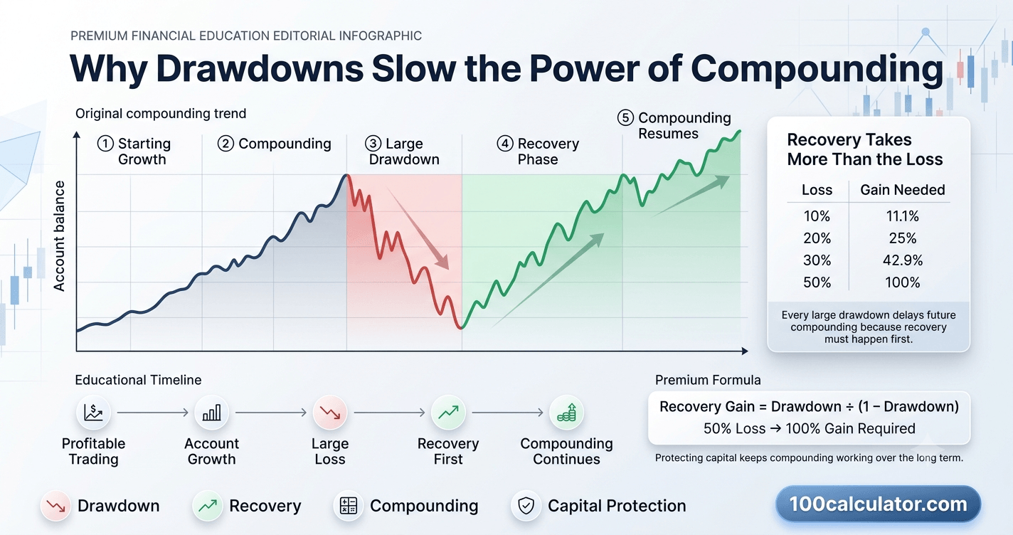 Trading account balance chart showing a sharp drawdown followed by the longer climb needed to recover