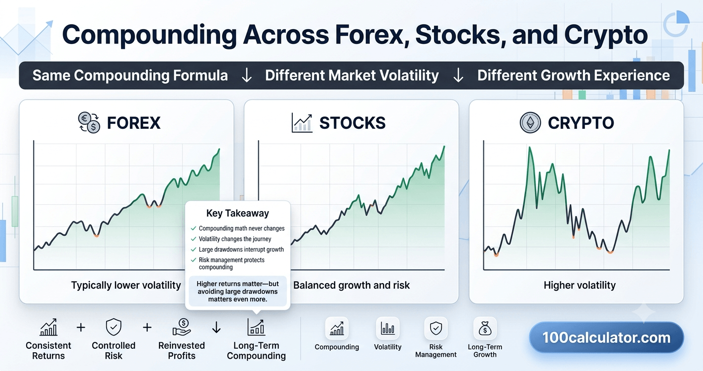 Three account growth curves comparing compounding across forex, stock, and crypto trading