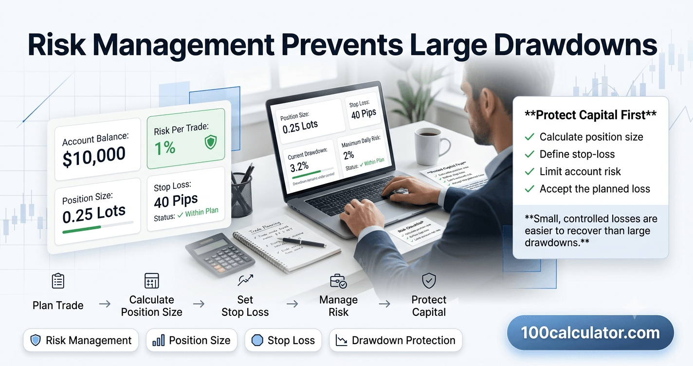 Trader reviewing position size, stop-loss levels, and account drawdown percentage on a risk management dashboard