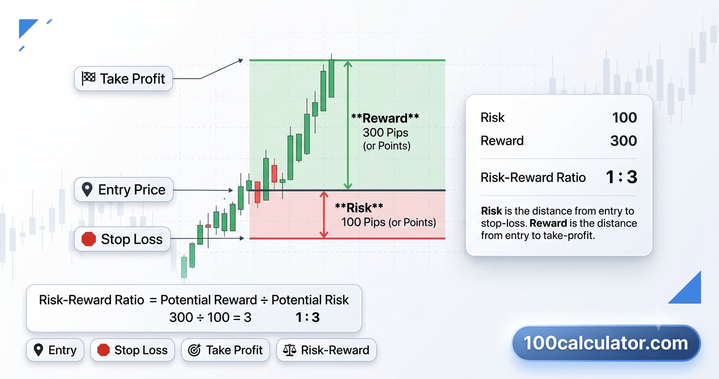 Diagram showing entry, stop-loss, and take-profit price levels used to calculate a risk-reward ratio
