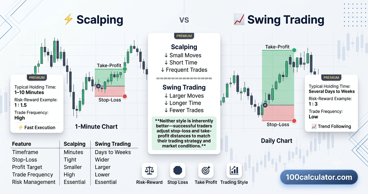 Side-by-side comparison of a scalper's tight risk-reward setup and a swing trader's wider risk-reward setup