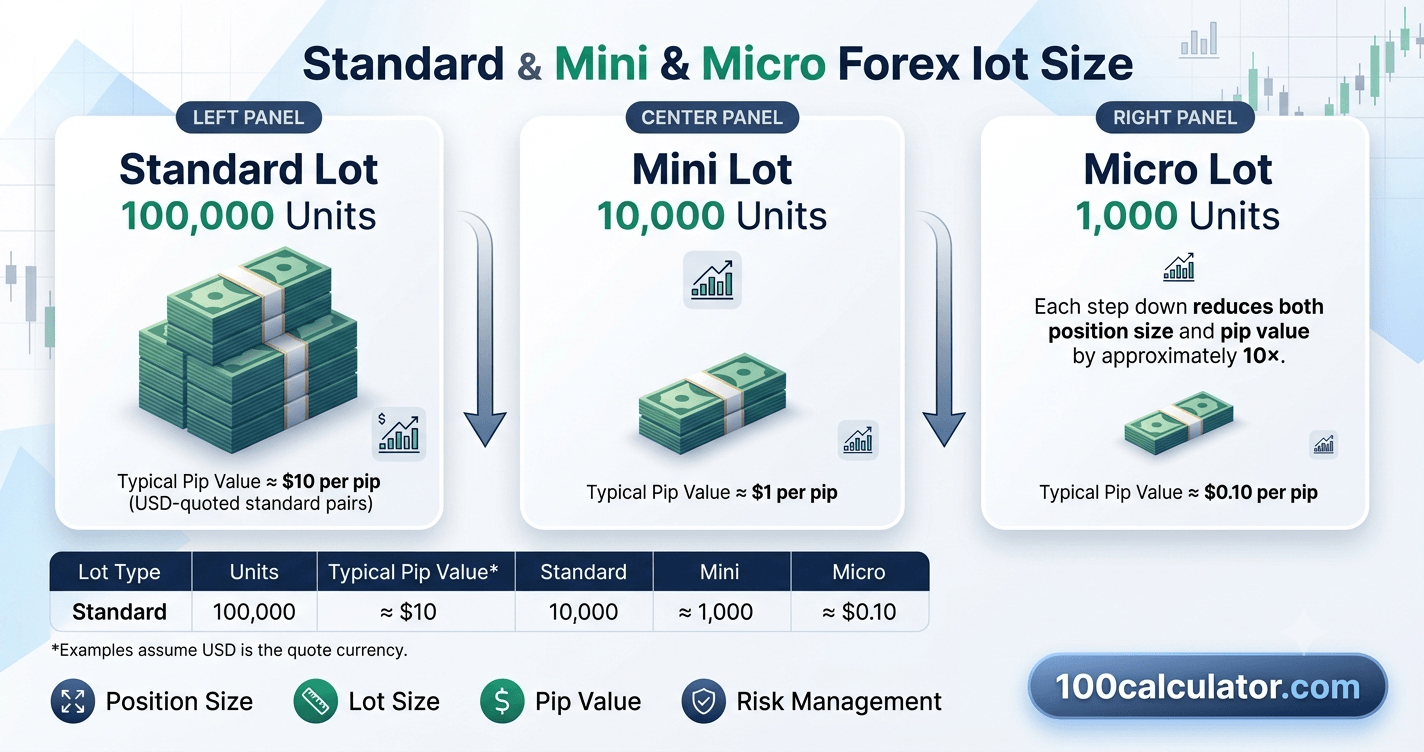 Illustration comparing standard, mini, and micro forex lot sizes and their relative position sizes