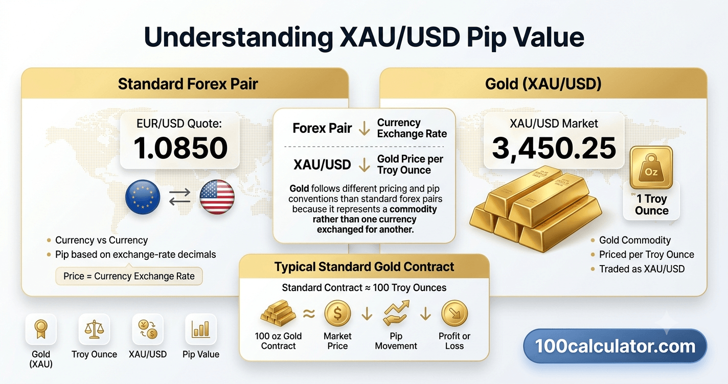 Illustration of gold priced per troy ounce, showing how XAUUSD pip value is calculated using a standard 100-ounce contract