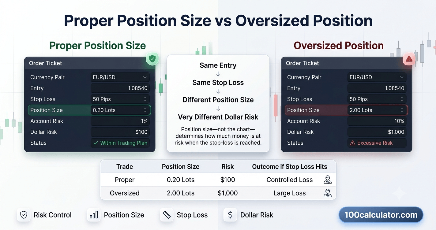 Side-by-side comparison of a properly sized trade with defined risk against an oversized, high-risk position