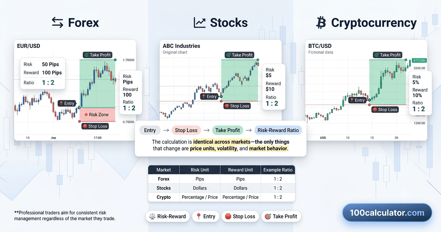 Forex, stock, and crypto trading charts shown side by side to illustrate how risk-reward ratio applies across markets